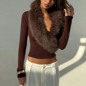 Coffee Brown Casual Women's V-Neck faux fur neckline Sweater top